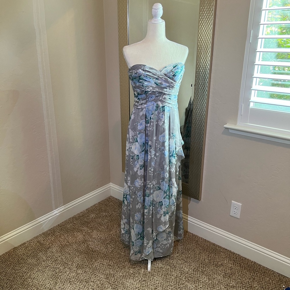 Strapless Floral Maxi Dress in Gray and Teal